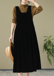 Black Pockets Wrinkled Velour Strap Dress U Neck Bow Spring