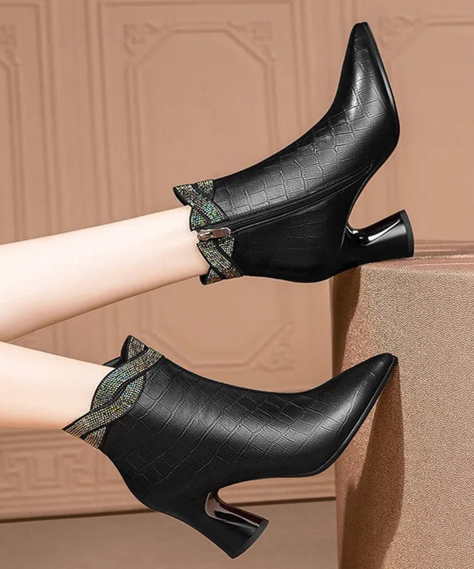 Black Pointed Toe Cowhide Leather Boots Chic Splicing Zircon