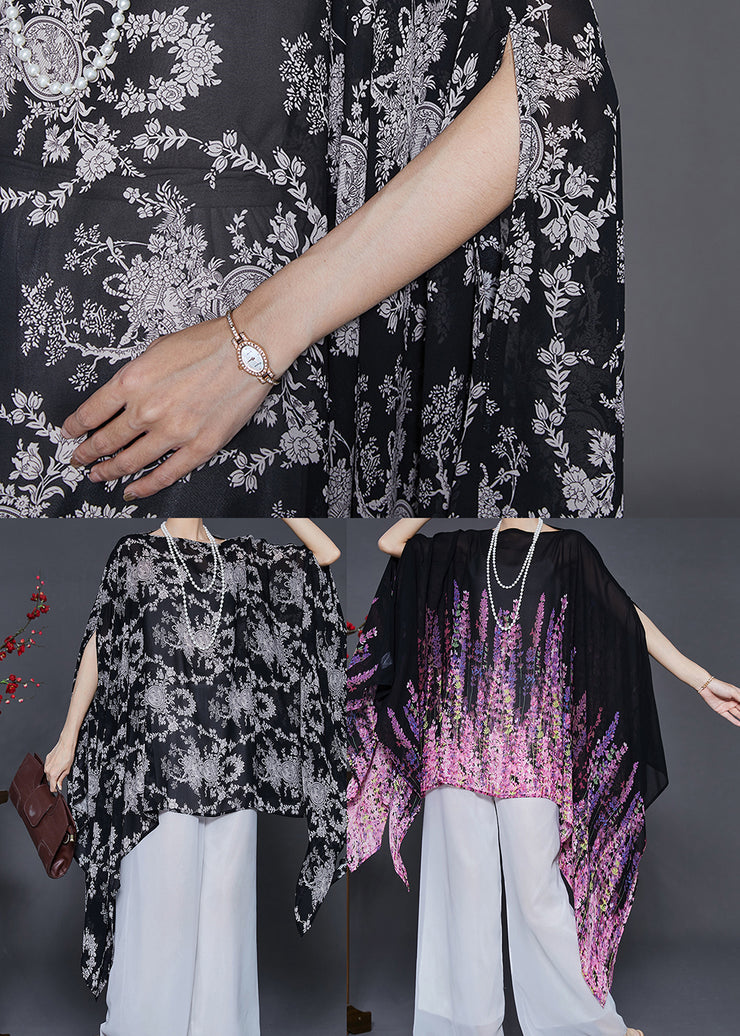 Black Print Chiffon Top Asymmetrical Design Summer