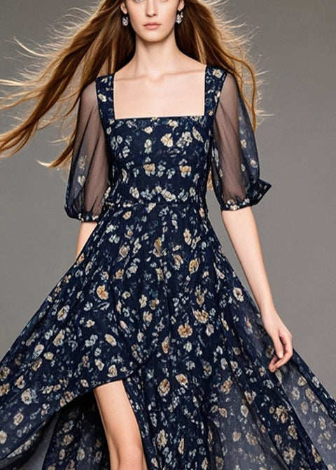 Black Print Chiffon Vacation Dresses Square Collar Side Open Summer