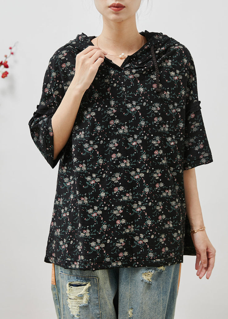 Black Print Cotton Hooded Sweatshirts Top Oversized Summer