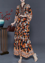 Black Print Cotton Long Dresses Oversized Bracelet Sleeve