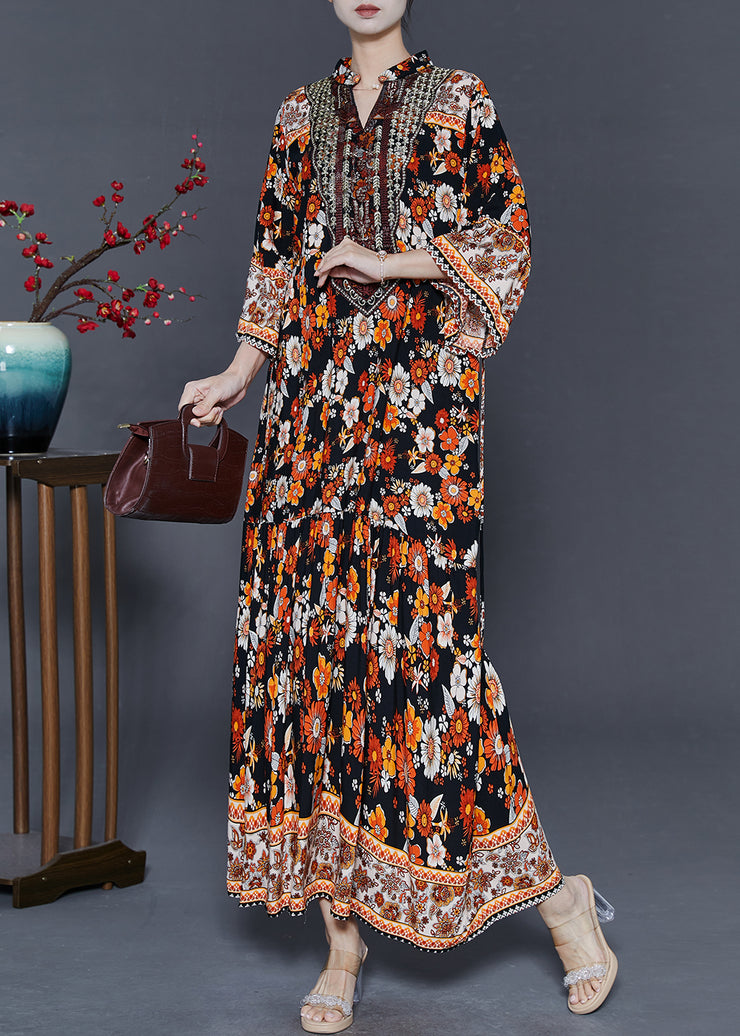 Black Print Cotton Long Dresses Oversized Bracelet Sleeve