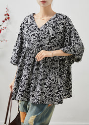 Black Print Cotton Shirts Oversized Lantern Sleeve