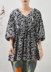 Black Print Cotton Shirts Oversized Lantern Sleeve