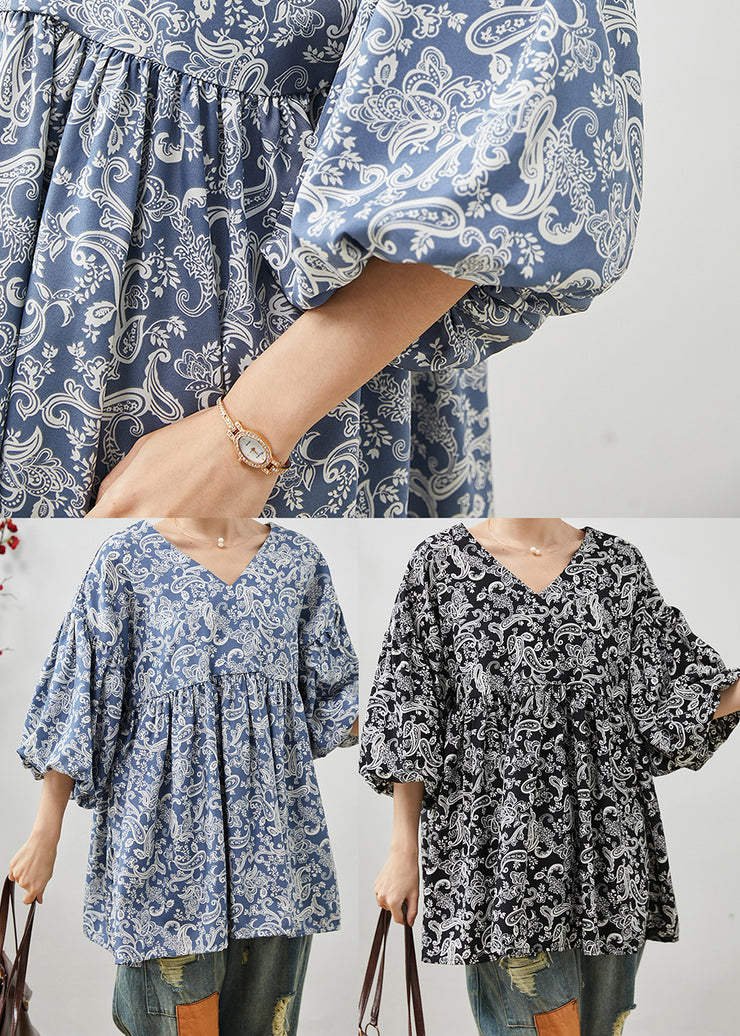 Black Print Cotton Shirts Oversized Lantern Sleeve