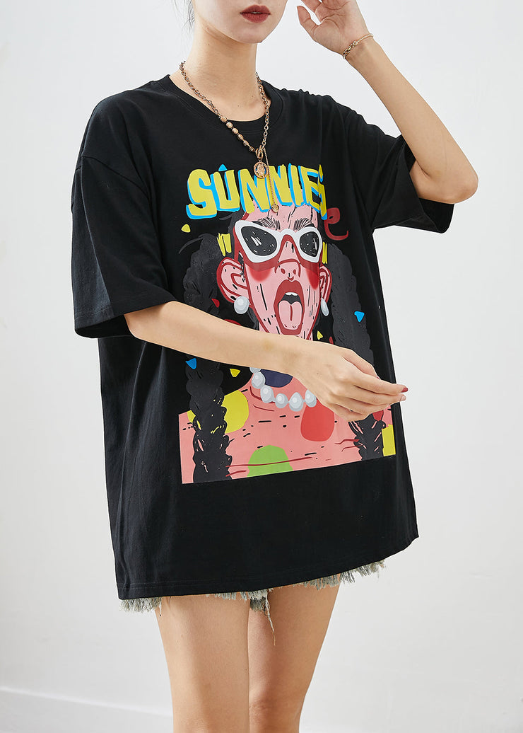 Black Print Cotton Tank Tops Oversized Summer