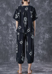 Black Print Cotton Two Pieces Set Oversized Short Sleeve