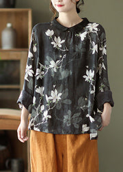 Black Print Cozy Ramie Top Long Sleeve