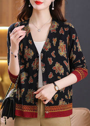 Black Print Cozy Wool Knit Cardigan V Neck Long Sleeve