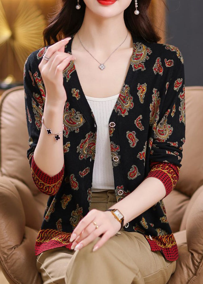 Black Print Cozy Wool Knit Cardigan V Neck Long Sleeve