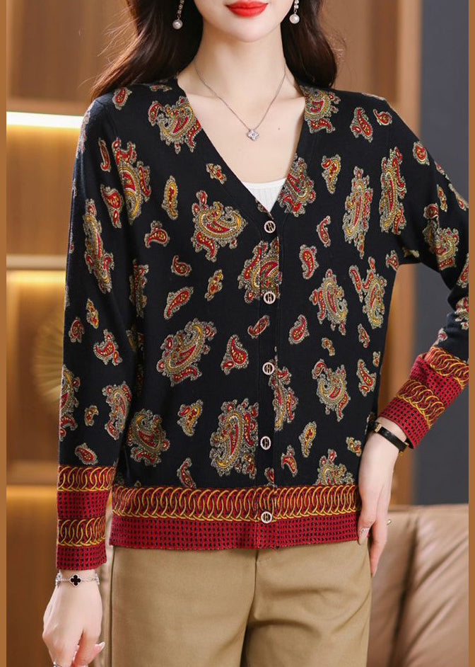 Black Print Cozy Wool Knit Cardigan V Neck Long Sleeve