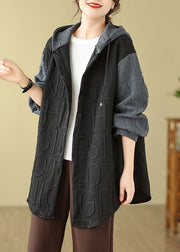 Black Print Drawstring Hooded Coats Fall