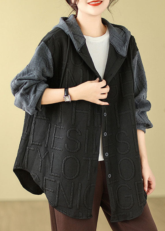 Black Print Drawstring Hooded Coats Fall