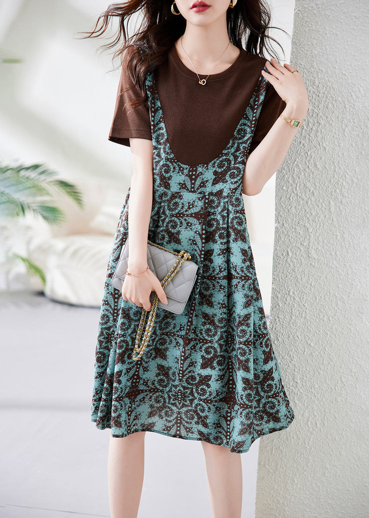 Black Print Fake Two Pieces Maxi Dress Short Sleeve