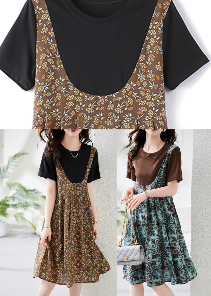 Black Print Fake Two Pieces Maxi Dress Short Sleeve