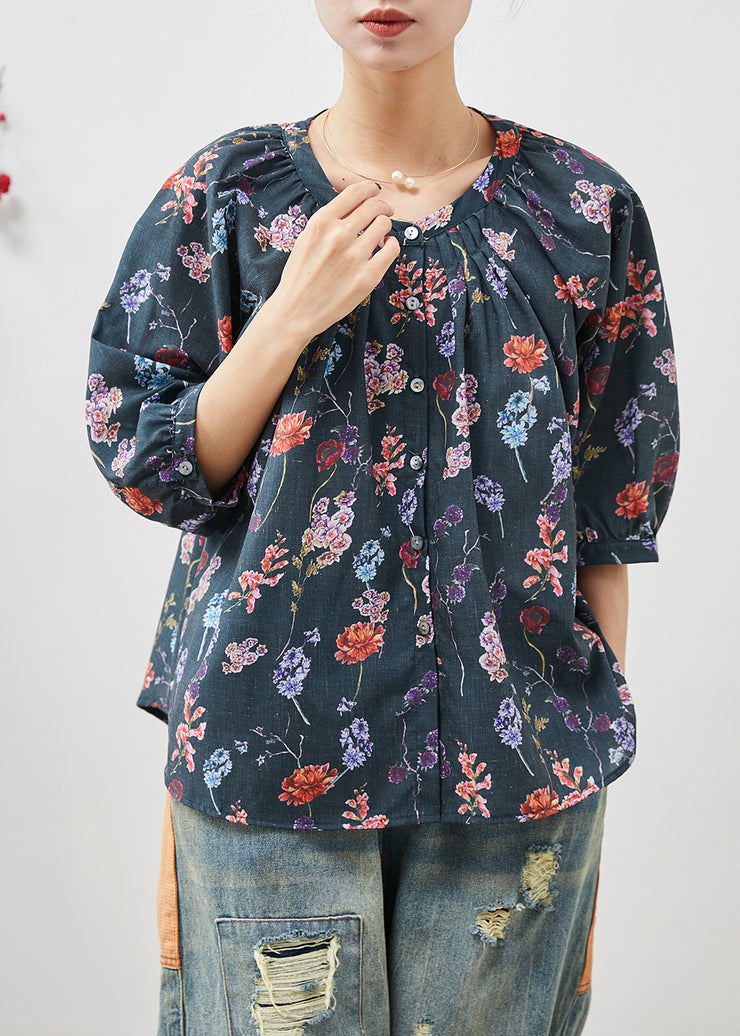 Black Print Linen Shirt Oversized Half Sleeve