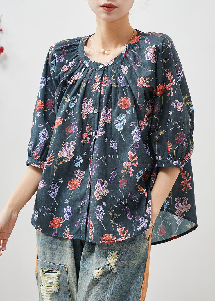 Black Print Linen Shirt Oversized Half Sleeve