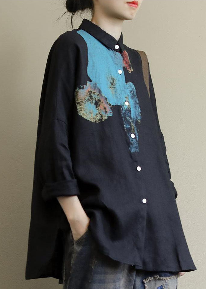 Black Print Linen Shirts Peter Pan Collar Oversized Fall