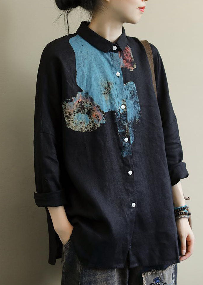 Black Print Linen Shirts Peter Pan Collar Oversized Fall