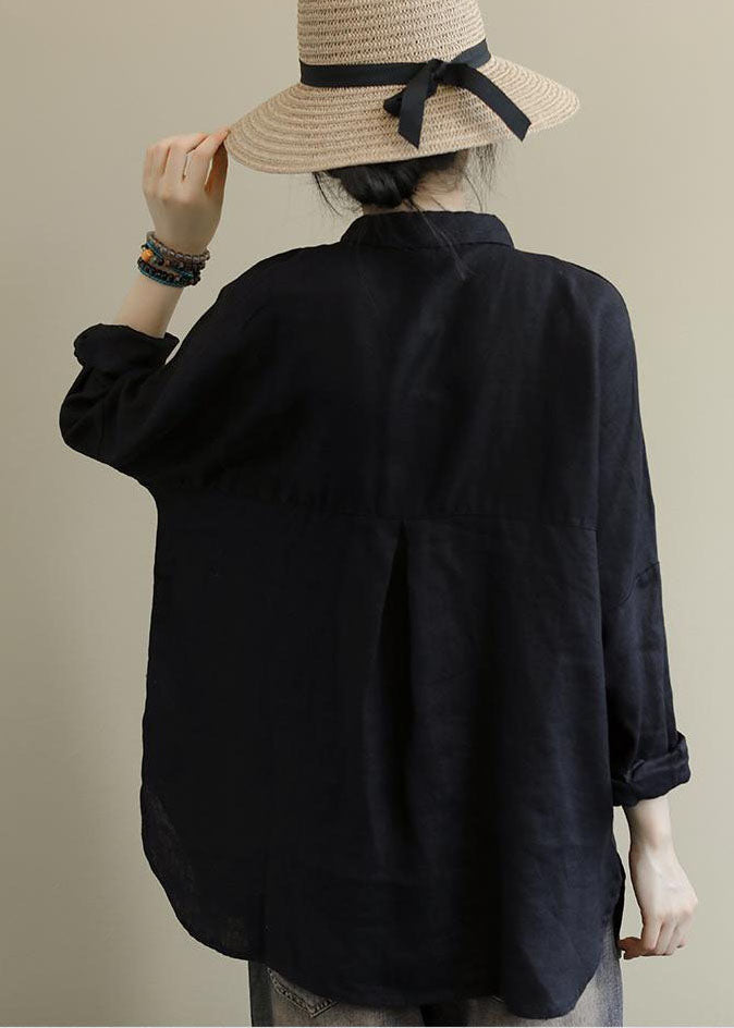 Black Print Linen Shirts Peter Pan Collar Oversized Fall