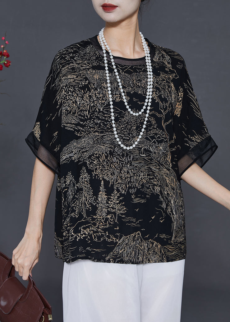 Black Print Patchwork Chiffon Blouses Oversized Summer