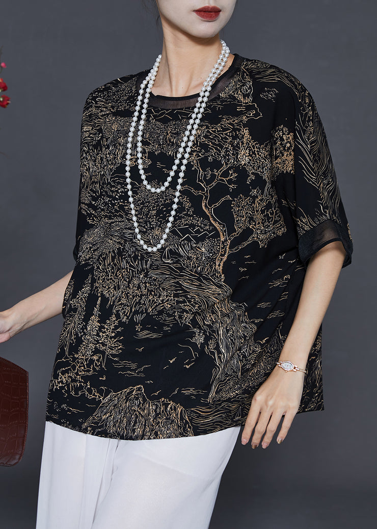 Black Print Patchwork Chiffon Blouses Oversized Summer