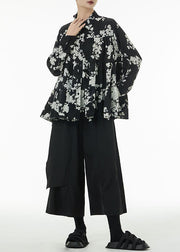 Black Print Patchwork Cotton Blouses Tops Oversized Wrinkled Spring