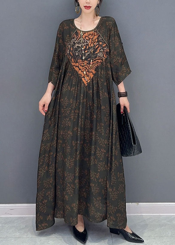 Black Print Patchwork Cotton Dresses O Neck Wrinkled Spring