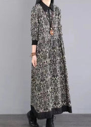 Black Print Patchwork Cotton Long Dress Peter Pan Collar Fall