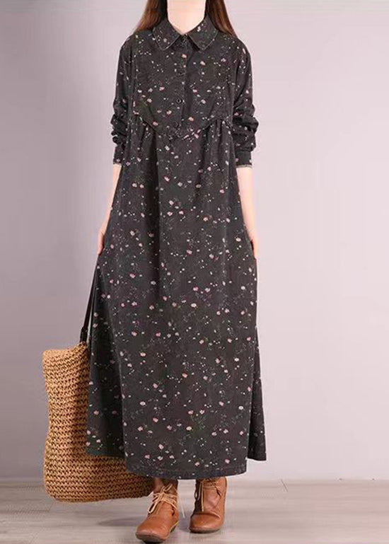 Black Print Patchwork Cotton Long Dresses Peter Pan Collar Fall