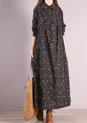 Black Print Patchwork Cotton Long Dresses Peter Pan Collar Fall