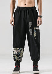 Black Print Patchwork Cotton Mens Beam Pants Elastic Waist Summer