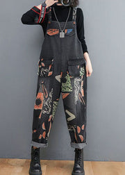 Black Print Patchwork Denim Jumpsuits Pockets Spring