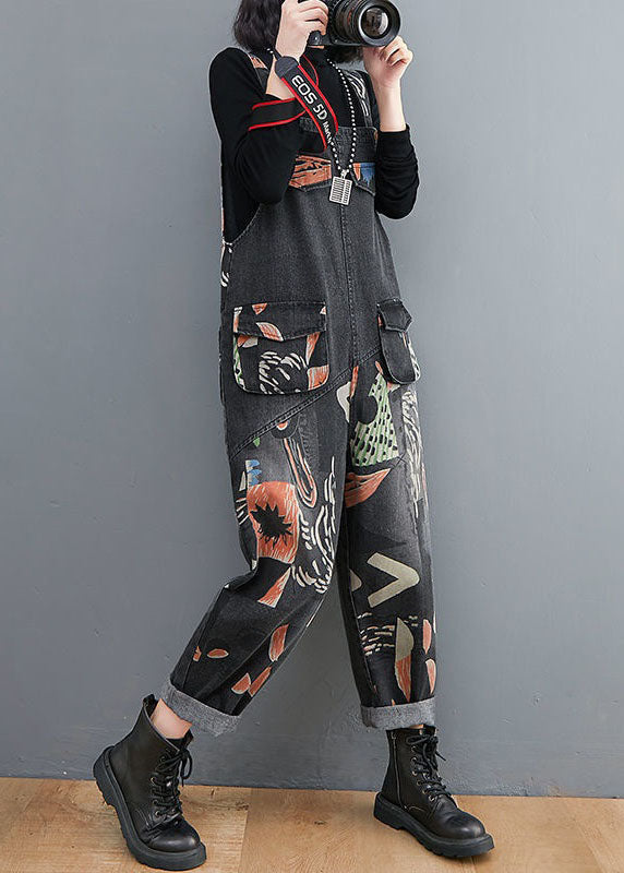 Black Print Patchwork Denim Jumpsuits Pockets Spring