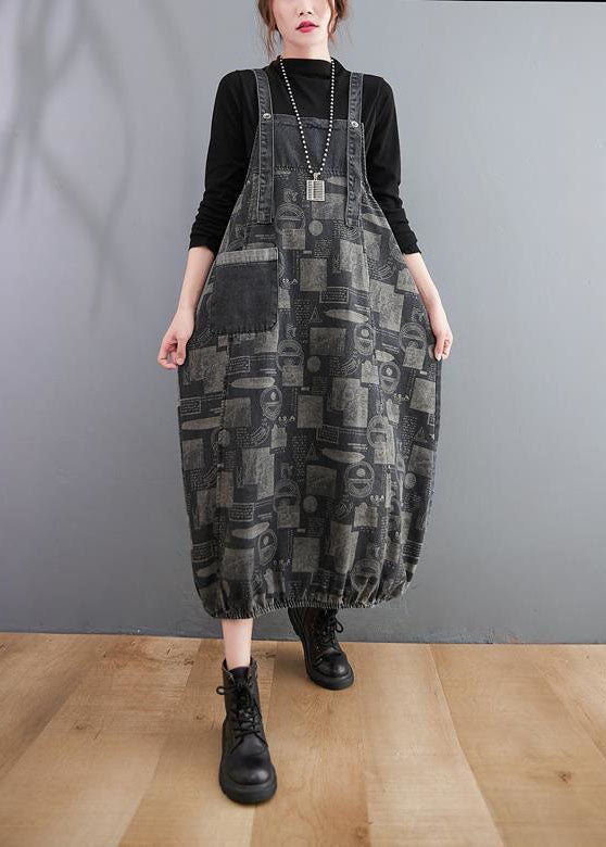 Black Print Patchwork Denim Spaghetti Strap Dress Spring