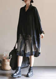 Black Print Patchwork Linen Shirts Dress Peter Pan Collar Spring