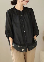 Black Print Patchwork Linen Top Stand Collar Wrinkled Button Summer