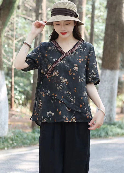 Black Print Patchwork Linen Top V Neck Lace Up Summer