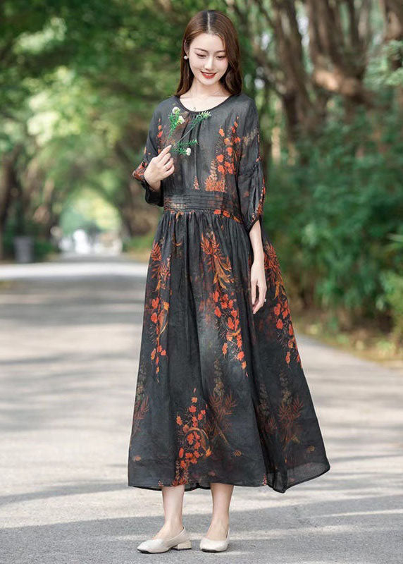 Black Print Patchwork Long Linen Dresses O Neck Wrinkled Summer