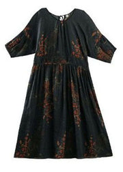 Black Print Patchwork Long Linen Dresses O Neck Wrinkled Summer