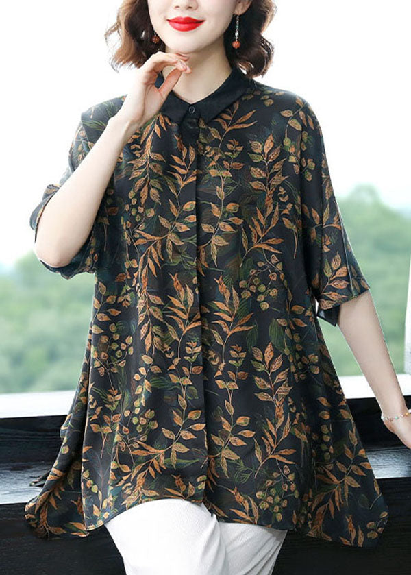 Black Print Patchwork Loose Silk Top Peter Pan Collar Summer