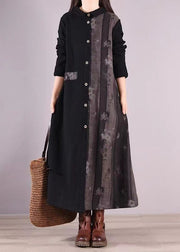 Black Print Patchwork Warm Fleece Shirts Dresses Peter Pan Collar Fall