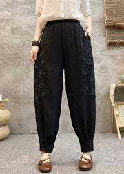 Black Print Pockets Cotton Summer Harem Pants High Waist