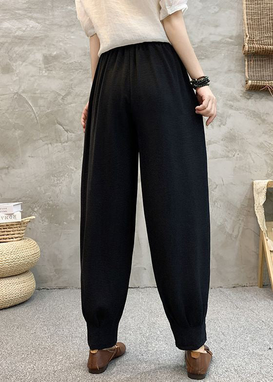 Black Print Pockets Cotton Summer Harem Pants High Waist