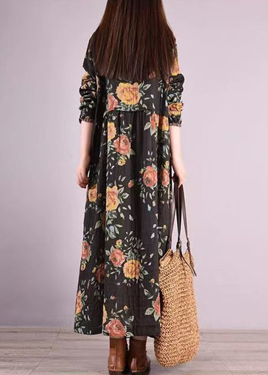 Black Print Pockets Patchwork Cotton Long Dress Stand Collar Fall