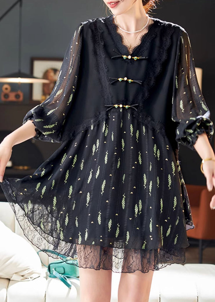 Black Print Silk Holiday Dress Chinese Button Summer