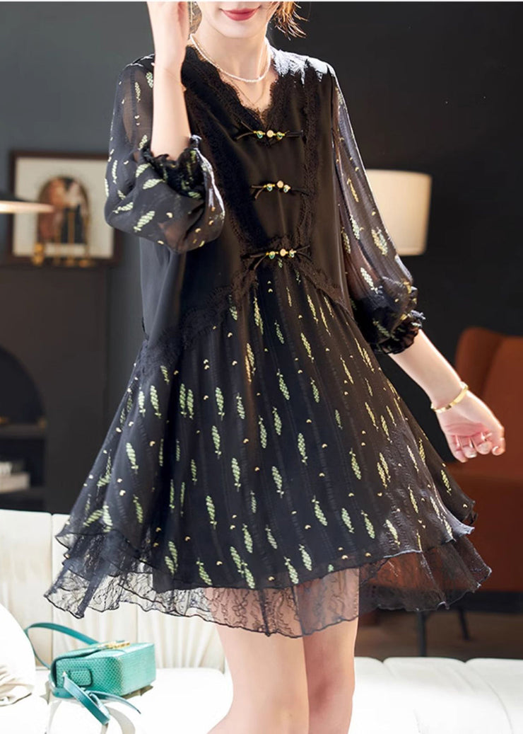 Black Print Silk Holiday Dress Chinese Button Summer