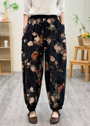 Black Print Silk Linen Lantern Pants Summer