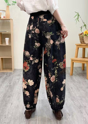 Black Print Silk Linen Lantern Pants Summer